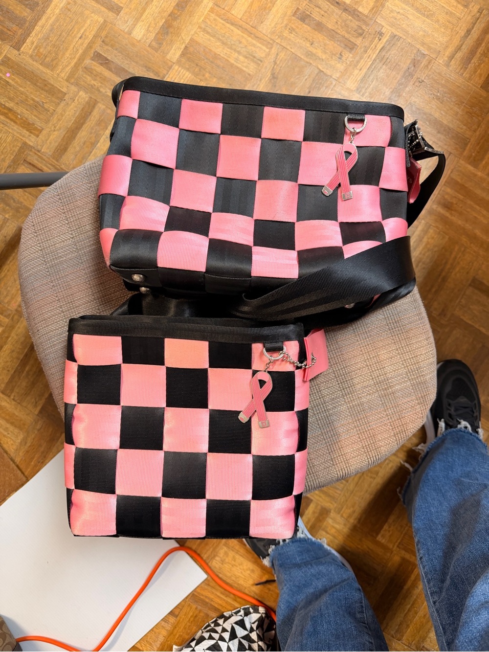 Harveys Pink and Black Checker Crossbody Set with Ribbon Charm